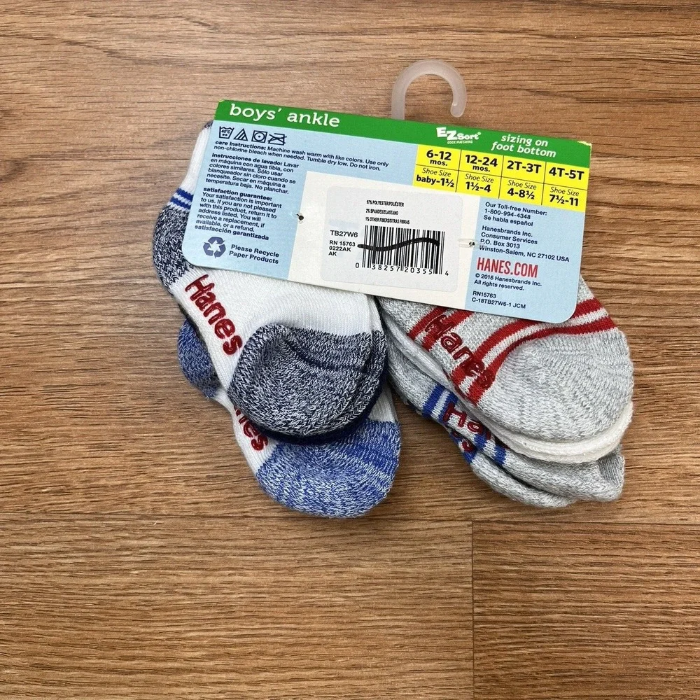 Hanes 6 Pack Infant Boys Ankle Socks Size 6-12 Months Non-Skid‎ NEW